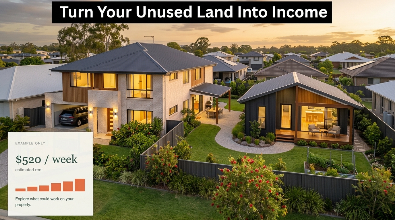 Tiny Home Finder Australia showing a modern tiny home beside a main residence, turning unused backyard land into rental income.