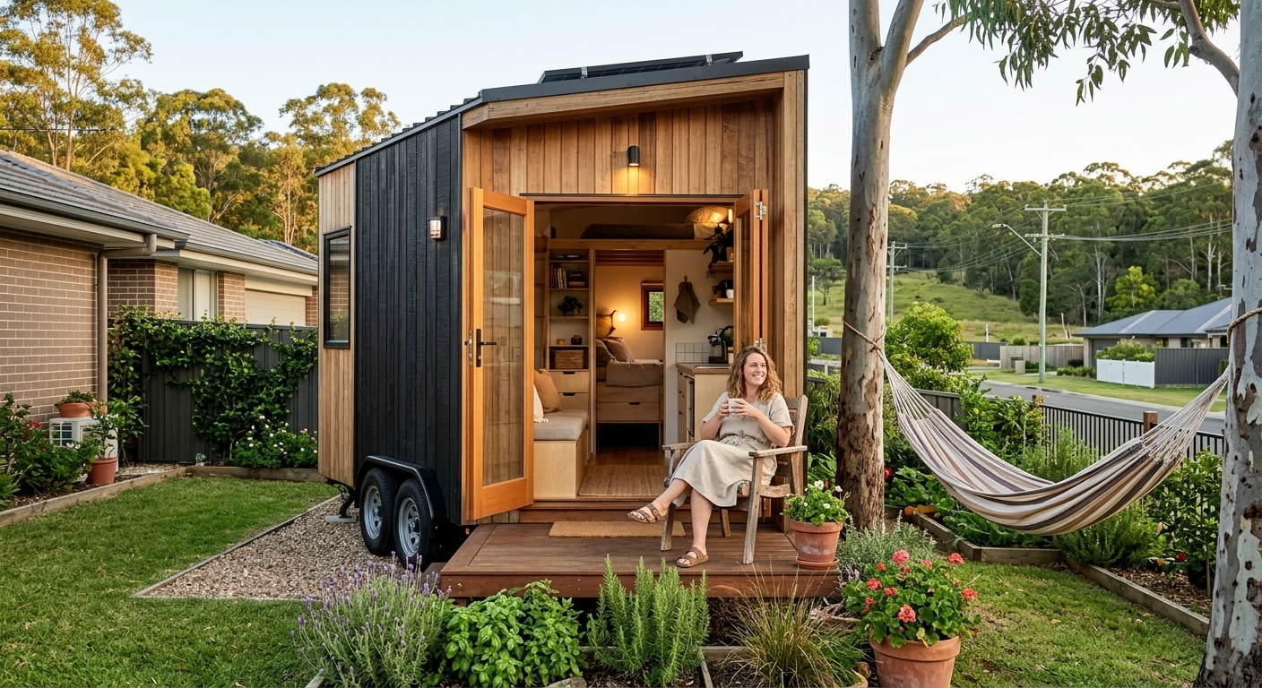 A Cozy Tiny House in a Suburban Setting. A wooden tiny house on wheels with a woman sitting on the porch