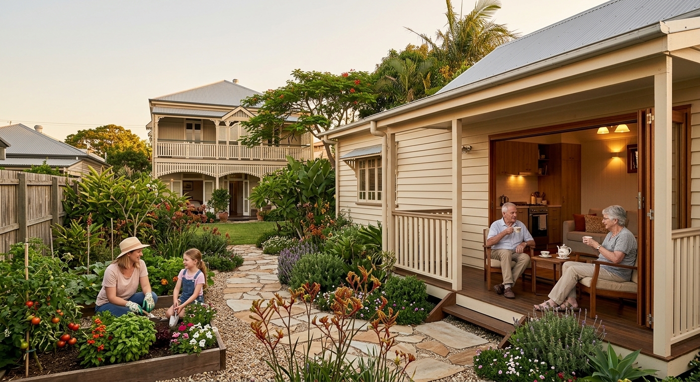 A detailed backyard view shows a lush vegetable and flower garden being tended by a woman and a child. A stone pathway leads to a single-story, light-colored Queenslander-style house on the right, where an older couple is sitting on the deck enjoying a conversation. In the background is a larger, multi-story traditional Queenslander house with verandas, available through Tiny Home Finder Australia.