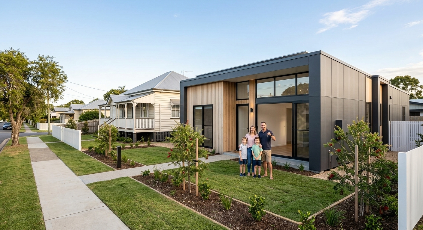 A photograph of a Brisbane property featuring a classic Queenslander house and a modern dark auxiliary unit with a family, showcasing multi-generational living solutions from Tiny Home Finder Australia.