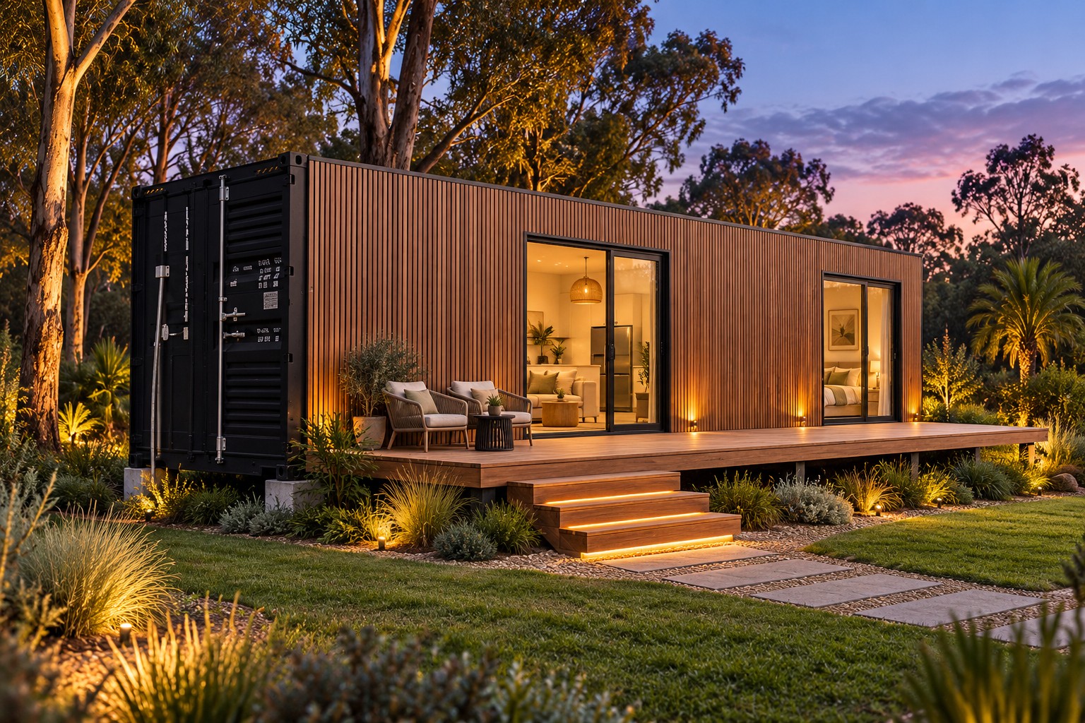 Artist’s impression of the Retreat 40 container home at dusk, with timber-look cladding, illuminated decking and landscaped gardens.